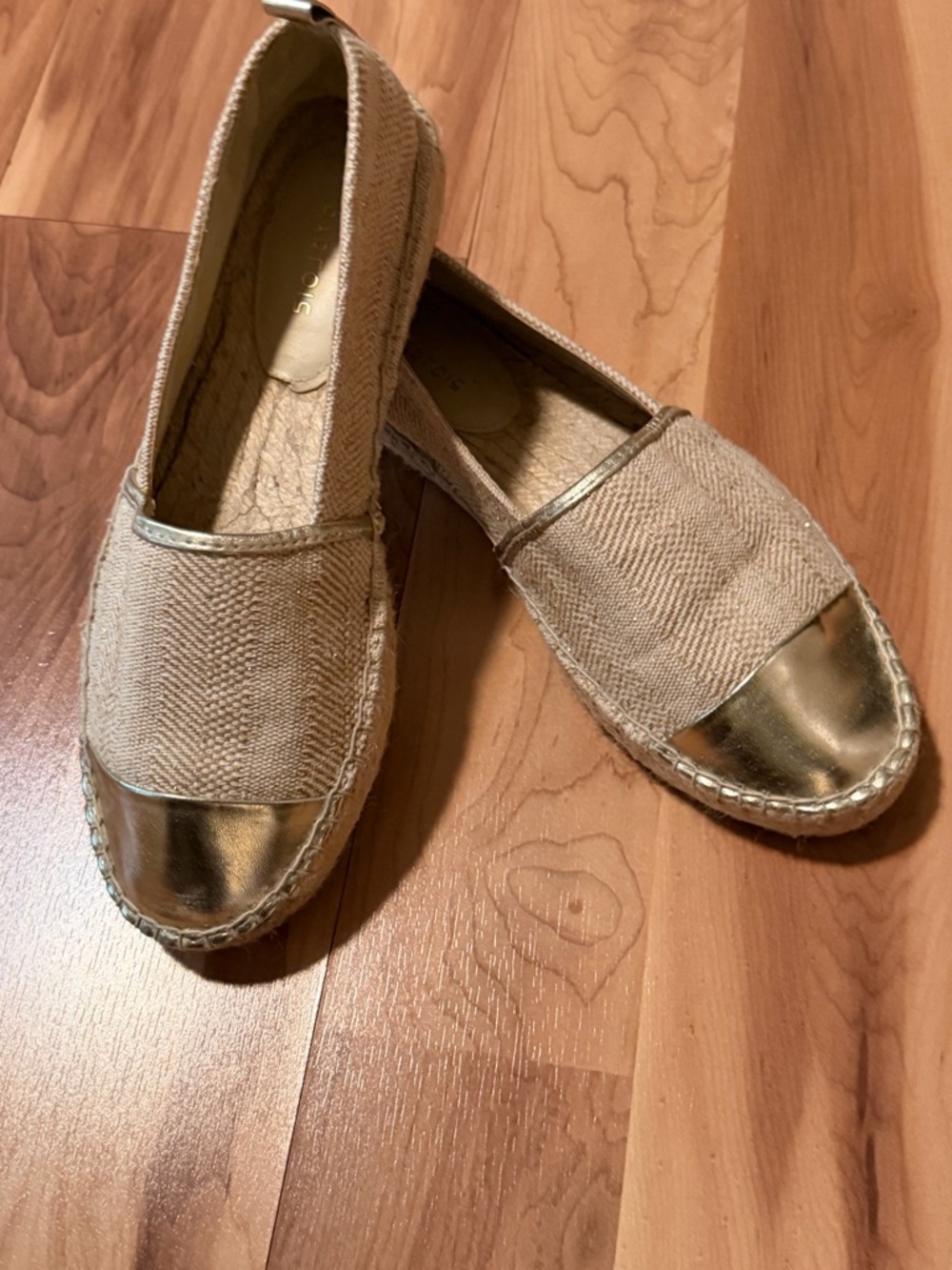 Espadrille Slip-On Flats in Beige with Metallic Gold Toe